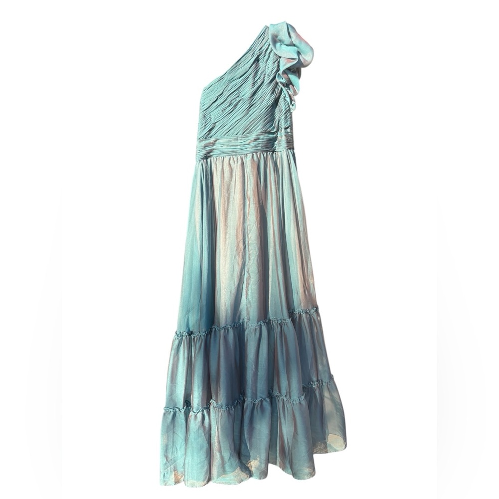 Mac Dugal Blue Organza One Shoulder Pleated Gown size 14 - Picture 6 of 7